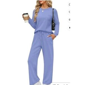 Fantaslook Blue Small Two Piece Lounge Set Outfit LS Top Wide Leg Pants